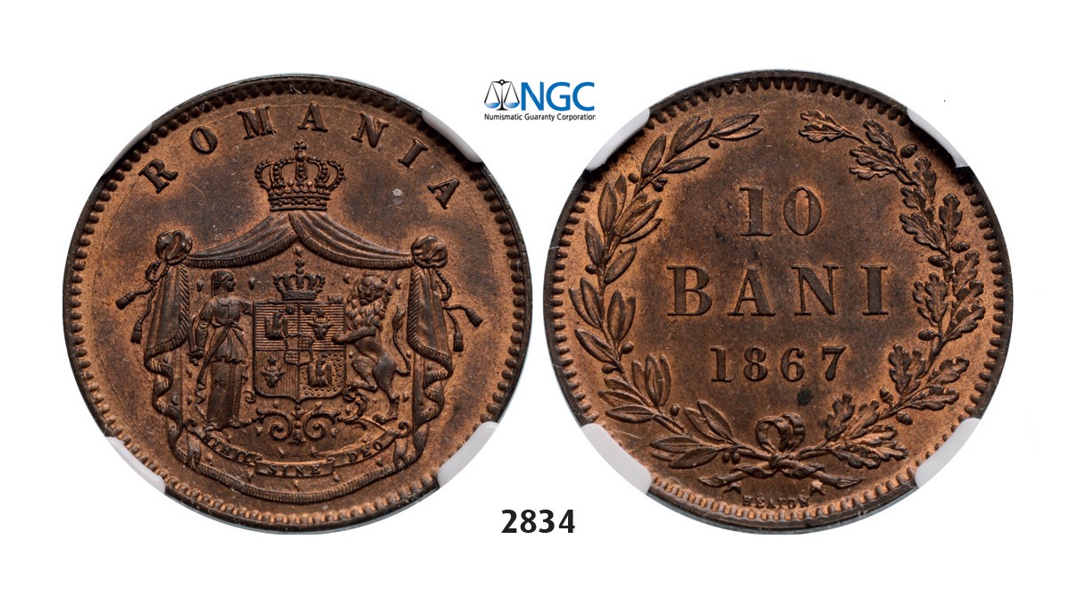 Lot: 2834. Romania, Carol I, 1866-1914, 10 Bani 1867 Heaton, Birmingham, Copper, NGC MS64RB