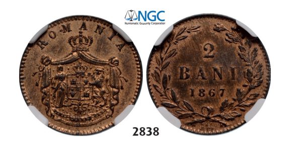 Lot: 2838. Romania, Carol I, 1866-1914, 2 Bani 1867 Watt&Co, Birmingham, Copper, NGC MS63RB