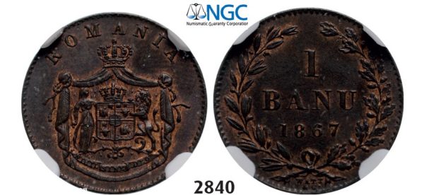 Lot: 2840. Romania, Carol I, 1866-1914, Banu 1867 Watt&Co, Birmingham, Copper,NGC MS63BN
