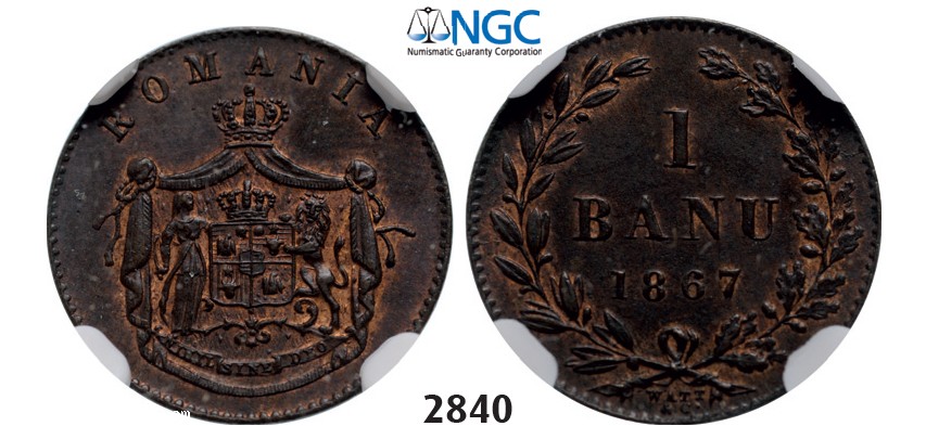 Lot: 2840. Romania, Carol I, 1866-1914, Banu 1867 Watt&Co, Birmingham, Copper,NGC MS63BN