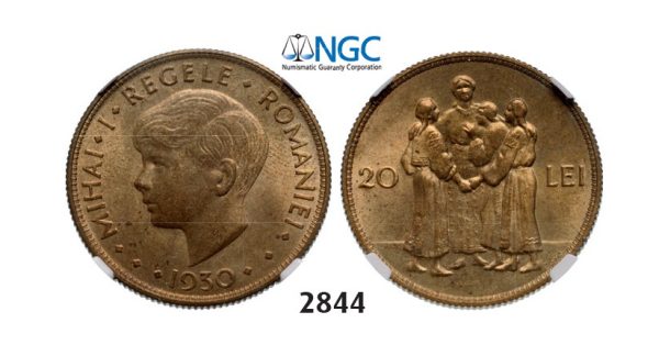 Lot: 2844. Romania, Mihai I, 1927-1930/1940-1947, 20 Lei 1930, London, Nickel-Brass, NGC MS63