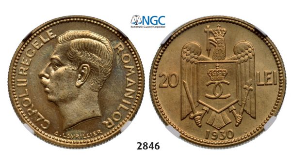 Lot: 2846. Romania, Carol II, 1930-1940, 20 Lei 1930-H, Heaton, Birmingham, Nickel-Brass, NGC PF65