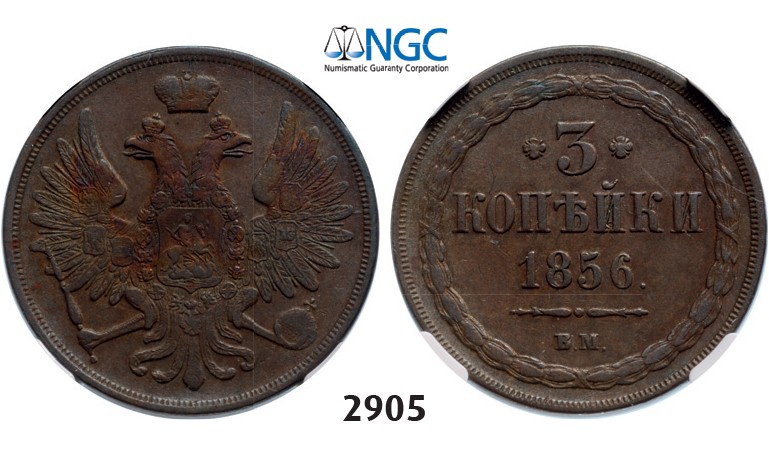 Lot: 2905. Russia, Alexander II, 1854-1881, 3 Kopeks 1856-BM, Warsaw, Copper, NGC VF35