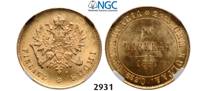 Lot: 2931. Russia, For Finland, 10 Markaa 1881­-S, Helsingfors, GOLD, NGC MS64