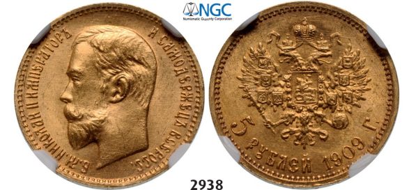 Lot: 2938. Russia, Nicholas II, 1894-­1918, 5 Roubles (Rubel) 1909 (ЭБ) St. Petersburg, GOLD, NGC MS65