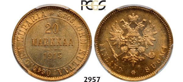 Lot: 2957. Russia, For Finland, 20 Markaa 1913, Helsingfors, GOLD, PCGS MS64