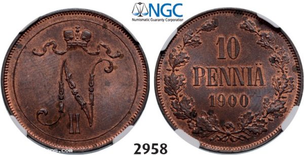 Lot: 2958. Russia, For Finland, 10 Penniä 1900, Helsingfors, Copper, NGC MS63RB
