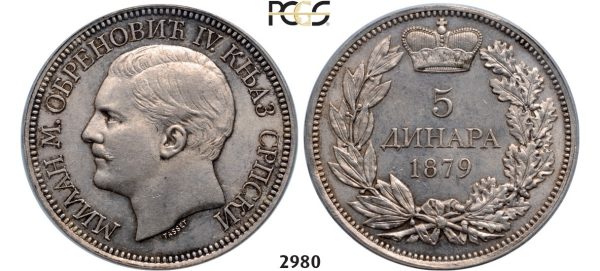 Lot: 2980. Serbia, Milan I. Obrenovic, 1868-­1889, 5 Dinara 1879, Vienna, Silver, PCGS MS63