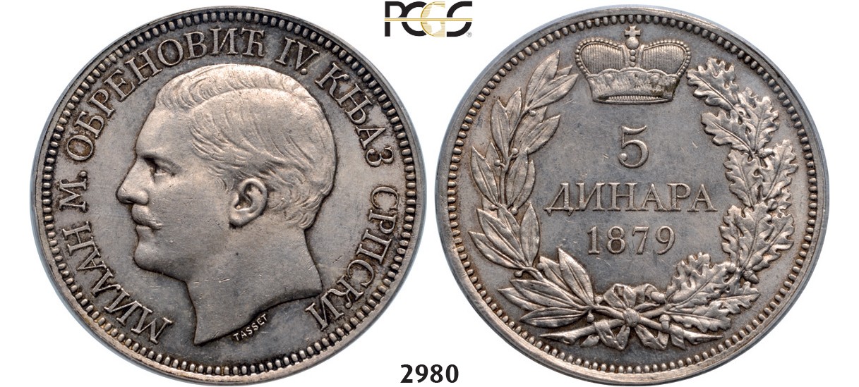 Lot: 2980. Serbia, Milan I. Obrenovic, 1868-­1889, 5 Dinara 1879, Vienna, Silver, PCGS MS63