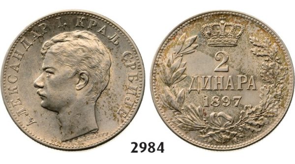 Lot: 2984. Serbia, Alexander I, 1889­-1902, 2 Dinara 1897, Vienna, Silver