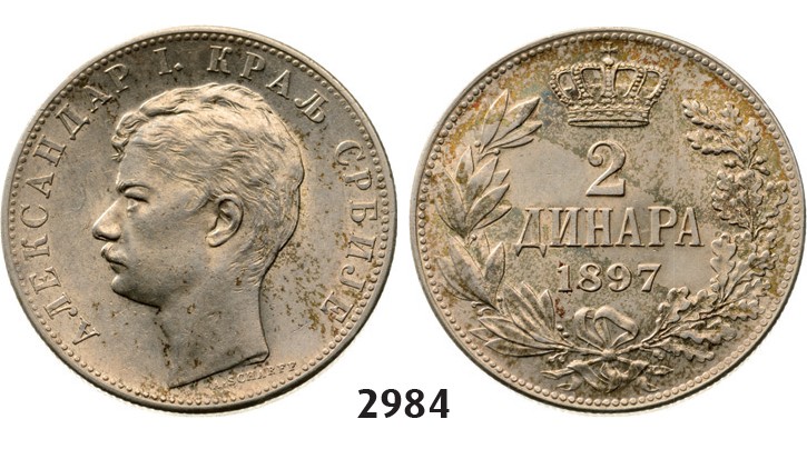 Lot: 2984. Serbia, Alexander I, 1889­-1902, 2 Dinara 1897, Vienna, Silver