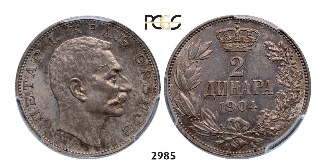 Lot: 2985. Serbia, Peter I, 1903-­1918, 2 Dinara 1904, Vienna, Silver, PCGS MS64