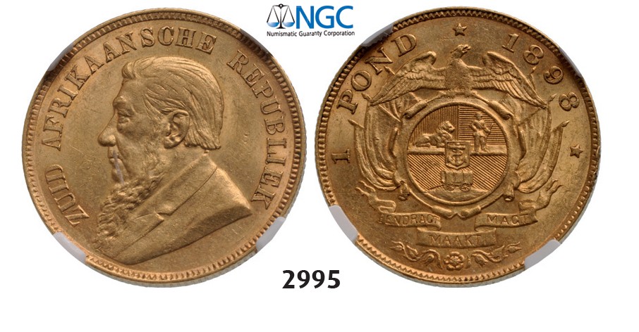 Lot: 2995. South Africa, Zuid­-Afrikaansche Republiek (ZAR), Pond 1898, GOLD, NGC AU58