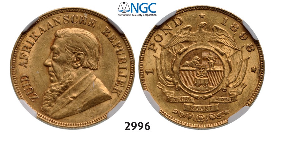 Lot: 2996. South Africa, Zuid­-Afrikaansche Republiek (ZAR), Pond 1898, GOLD, NGC AU55