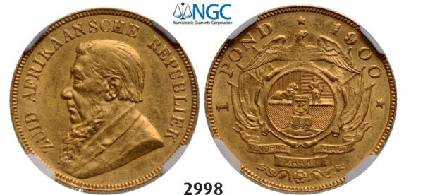 Lot: 2998. South Africa, Zuid­-Afrikaansche Republiek (ZAR), Pond 1900, GOLD, NGC AU58