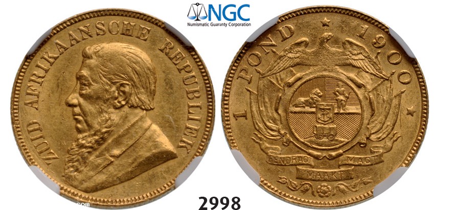 Lot: 2998. South Africa, Zuid­-Afrikaansche Republiek (ZAR), Pond 1900, GOLD, NGC AU58