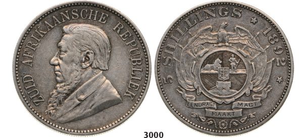 Lot: 3000. South Africa, Zuid­-Afrikaansche Republiek (ZAR), 5 Shillings 1892 (Double shaft on wagon tongue) Silver