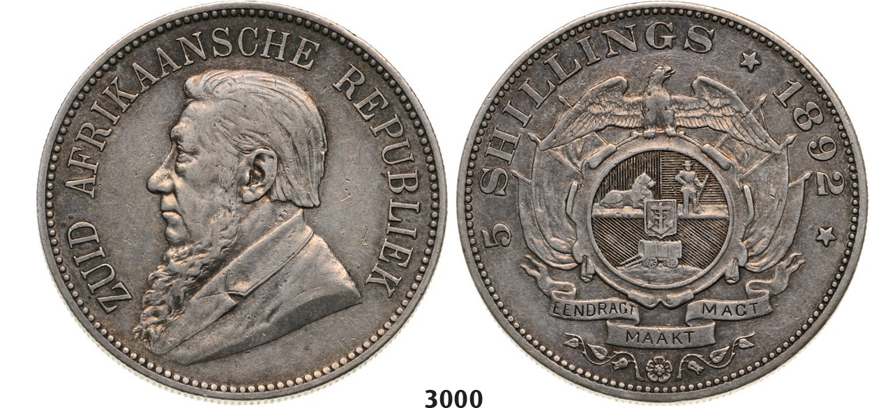 Lot: 3000. South Africa, Zuid­-Afrikaansche Republiek (ZAR), 5 Shillings 1892 (Double shaft on wagon tongue) Silver