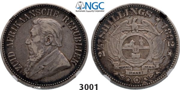 Lot: 3001. South Africa, Zuid­-Afrikaansche Republiek (ZAR), 2 ­1/2 Shillings 1892, Silver, NGC VF30