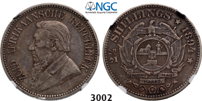 Lot: 3002. South Africa, Zuid­-Afrikaansche Republiek (ZAR), 2­ 1/2 Shillings 1894, Silver , NGC VF35