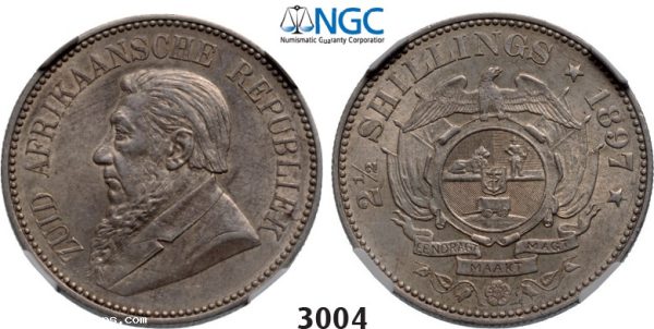 Lot: 3004. South Africa, Zuid­-Afrikaansche Republiek (ZAR), 2­ 1/2 Shillings 1897, Silver, NGC AU58