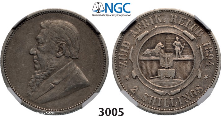 Lot: 3005. South Africa, Zuid­-Afrikaansche Republiek (ZAR), 2 Shillings 1894, Silver , NGC VF30
