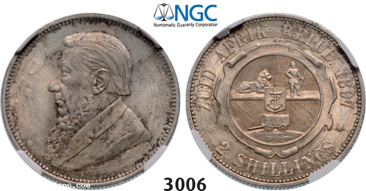 Lot: 3006. South Africa, Zuid­-Afrikaansche Republiek (ZAR), 2 Shillings 1897, Silver, NGC UNC