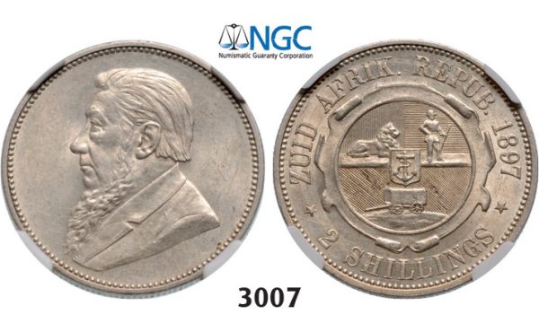 Lot: 3007. South Africa, Zuid-Afrikaansche Republiek (ZAR), 2 Shillings 1897, Silver, NGC AU58