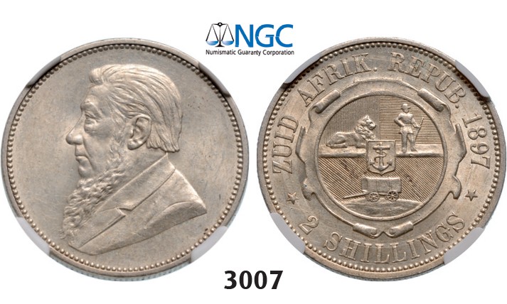 Lot: 3007. South Africa, Zuid­-Afrikaansche Republiek (ZAR), 2 Shillings 1897, Silver, NGC AU58