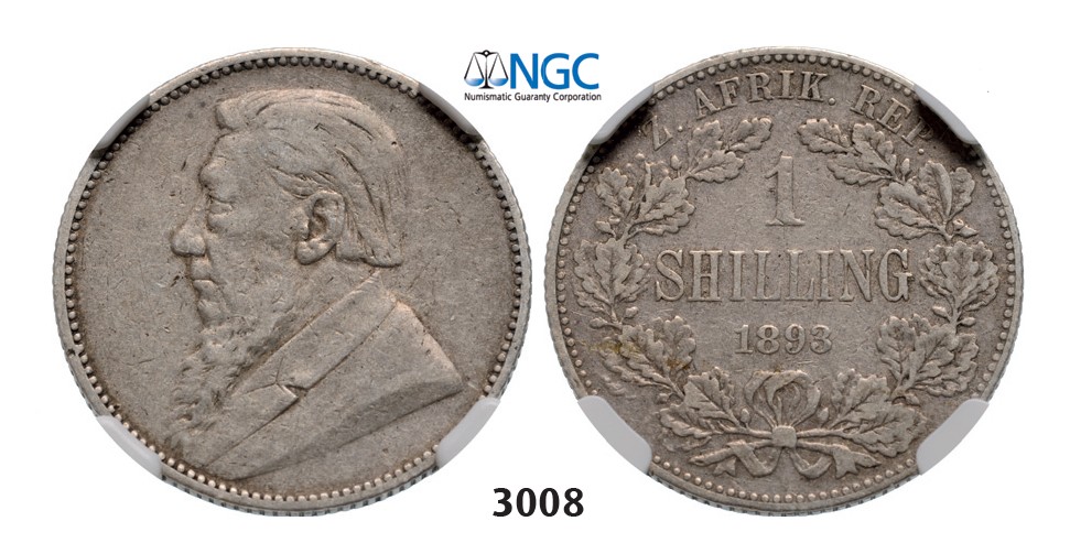 Lot: 3008. South Africa, Zuid­-Afrikaansche Republiek (ZAR), Shilling 1893, Silver, NGC VF30