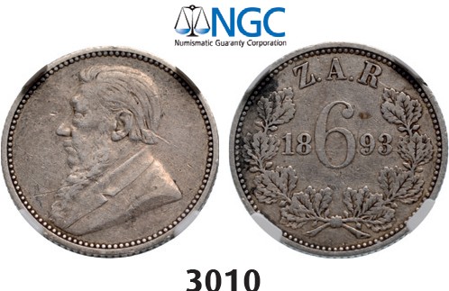 Lot: 3010. South Africa, Zuid­-Afrikaansche Republiek (ZAR), 6 Pence 1893, Silver, NGC VF