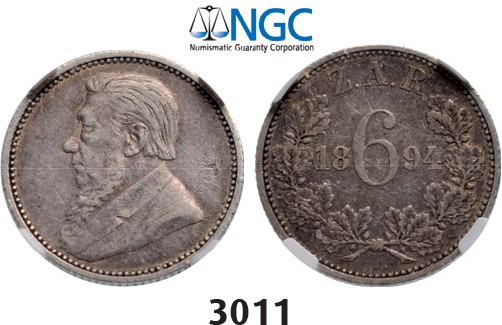 Lot: 3011. South Africa, Zuid­-Afrikaansche Republiek (ZAR), 6 Pence 1894, Silver, NGC VF30