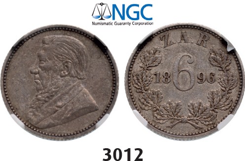 Lot: 3012. South Africa, Zuid­-Afrikaansche Republiek (ZAR), 6 Pence 1896, Silver, NGC XF45
