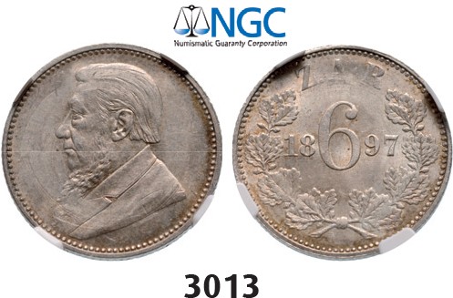Lot: 3013. South Africa, Zuid­-Afrikaansche Republiek (ZAR), 6 Pence 1897, Silver, NGC MS62