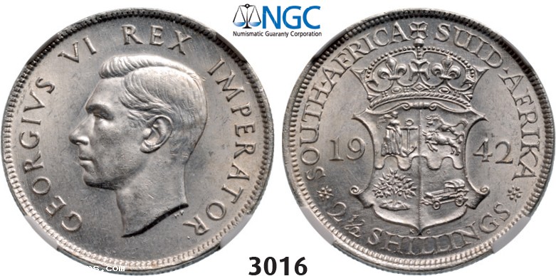 Lot: 3016. South Africa, Union of South Africa, George VI, 1936-­1952, 2­ 1/2 Shillings 1942, Pretoria, Silver, NGC MS62