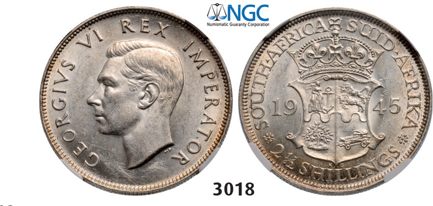 Lot: 3018. South Africa, Union of South Africa, George VI, 1936-­1952, 2­ 1/2 Shillings 1945, Pretoria, Silver, NGC AU58
