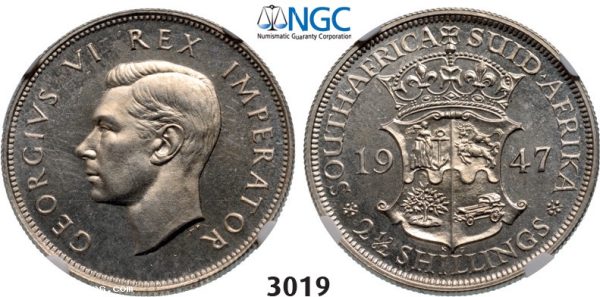 Lot: 3019. South Africa, Union of South Africa, George VI, 1936-­1952, 2­ 1/2 Shillings 1947, Pretoria, Silver, NGC PF63