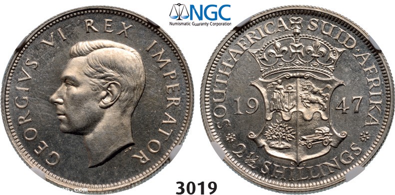 Lot: 3019. South Africa, Union of South Africa, George VI, 1936-­1952, 2­ 1/2 Shillings 1947, Pretoria, Silver, NGC PF63