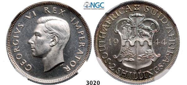 Lot: 3020. South Africa, Union of South Africa, George VI, 1936-­1952, 2 Shillings 1944, Pretoria, Silver, NGC PF63