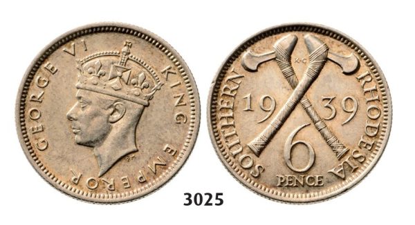 Lot: 3025. Southern Rhodesia (Zimbabwe), George VI, 1936­-1952, 6 Pence 1939, Silver