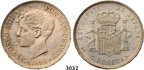 Lot: 3032. Spain, Alfonso XIII, 1886Â-1931, 5 Pesetas 1899 (99) SGÂV, Valencia, Silver