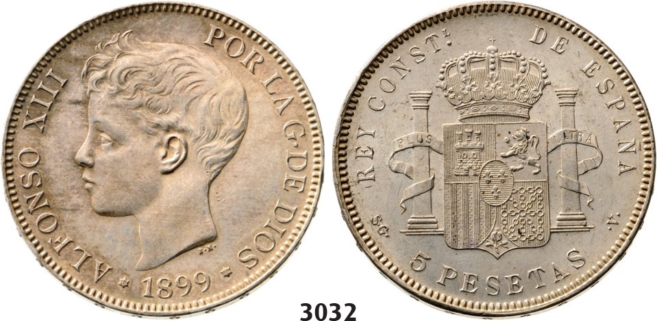 Lot: 3032. Spain, Alfonso XIII, 1886-1931, 5 Pesetas 1899 (99) SGV, Valencia, Silver