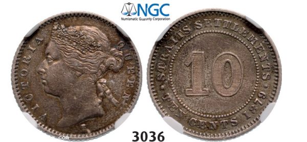 Lot: 3036. Straits Settlements (Singapore/Malaysia), Victoria, 1837-Â1901, 10 Cents 1879-ÂH, Heaton, Birmingham, Silver, NGC AU
