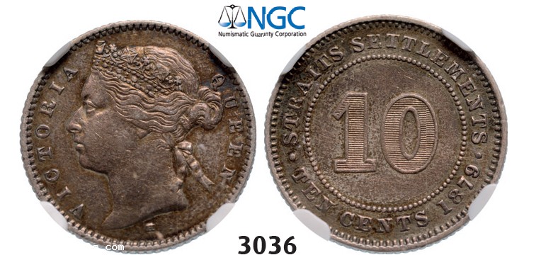 Lot: 3036. Straits Settlements (Singapore/Malaysia), Victoria, 1837-­1901, 10 Cents 1879-­H, Heaton, Birmingham, Silver, NGC AU