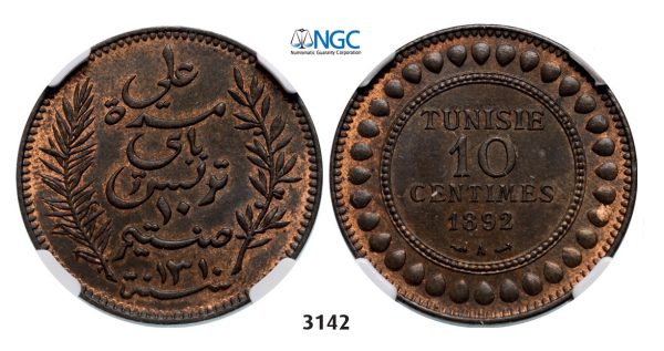 Lot: 3142. Tunisia, French Protectorate, 1881-­1955, 10 Centimes AH1310 (1892) A, Paris, Bronze,  NGC MS64RB