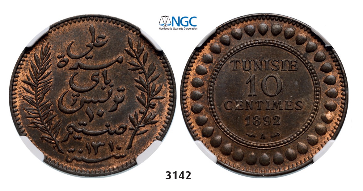 Lot: 3142. Tunisia, French Protectorate, 1881-­1955, 10 Centimes AH1310 (1892) A, Paris, Bronze,  NGC MS64RB