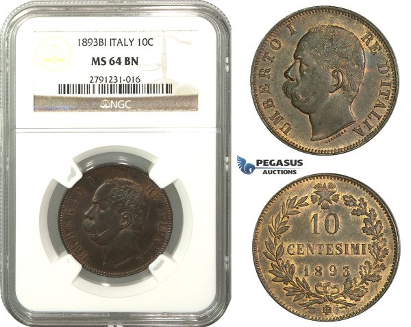 M12, Italy, Umberto I, 10 Centesimi 1893-BI, NGC MS64BN