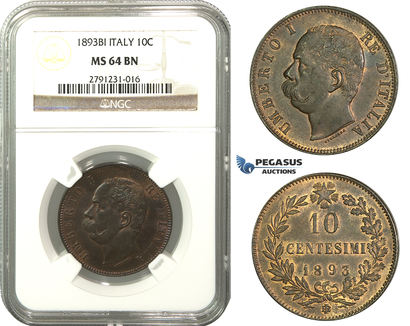 M12, Italy, Umberto I, 10 Centesimi 1893-BI, NGC MS64BN