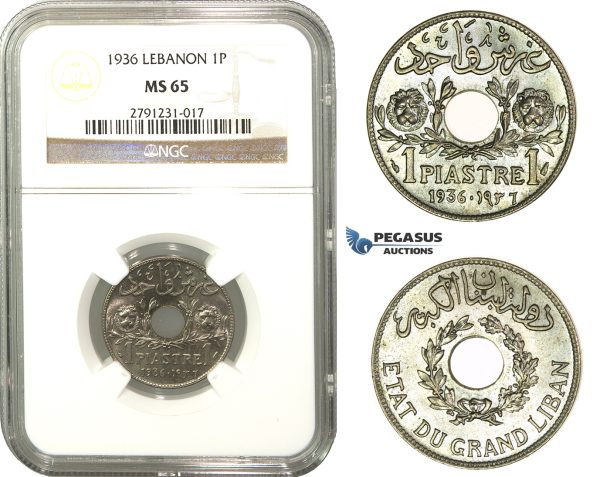 M13, Lebanon, 1 Piastre 1936, Paris, NGC MS65
