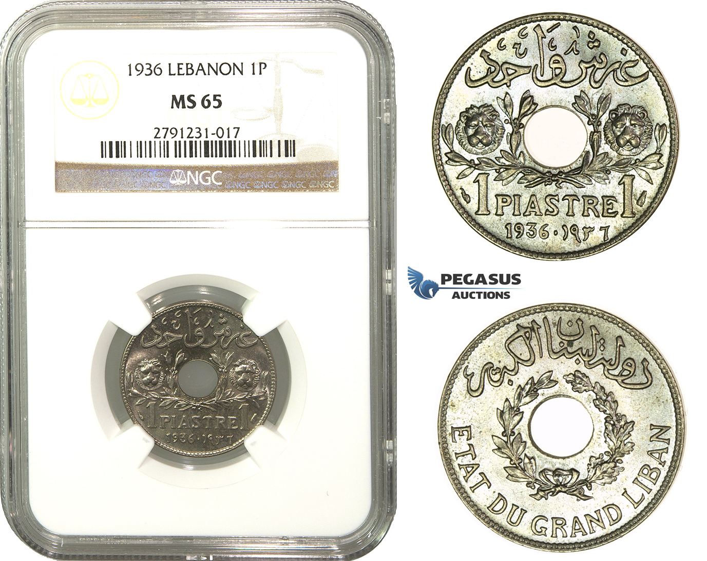 M13, Lebanon, 1 Piastre 1936, Paris, NGC MS65